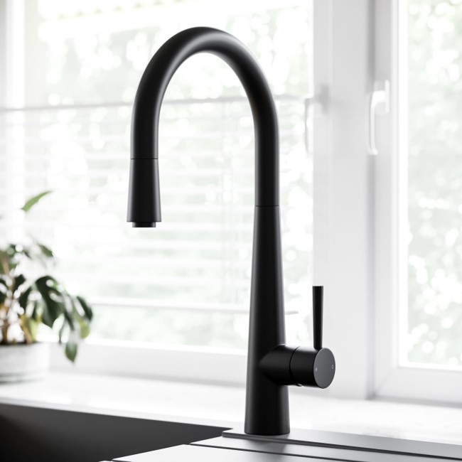 GRADE A1 - Black Single Lever Pull Out Monobloc Kitchen Sink Mixer Tap - Enza Olney