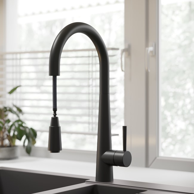 GRADE A1 - Black Single Lever Pull Out Monobloc Kitchen Sink Mixer Tap - Enza Olney