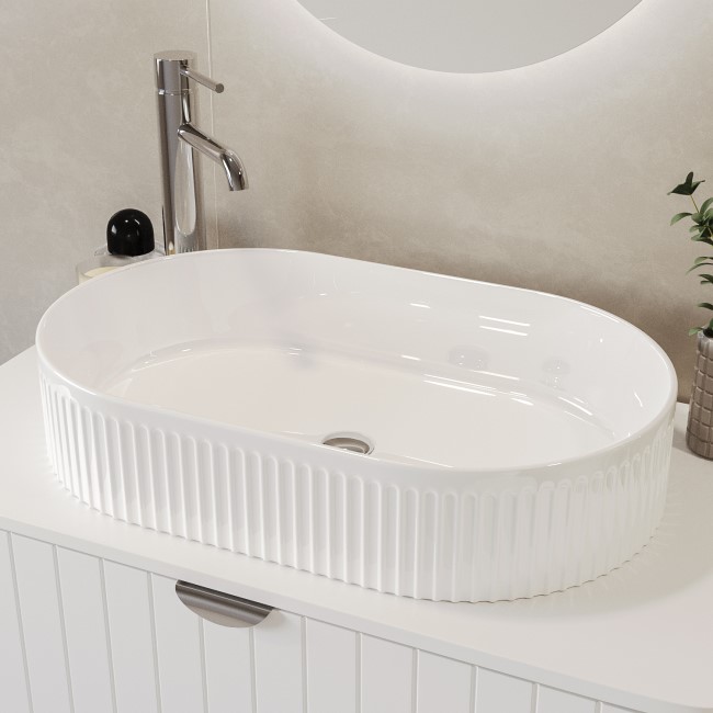 GRADE A1 - White Oval Fluted Countertop Basin 573mm - Oregon