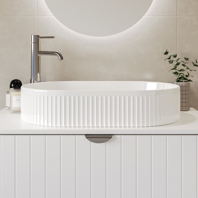 GRADE A1 - White Oval Fluted Countertop Basin 573mm - Oregon