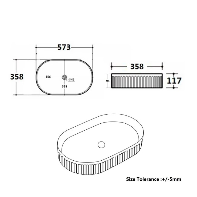 GRADE A1 - White Oval Fluted Countertop Basin 573mm - Oregon