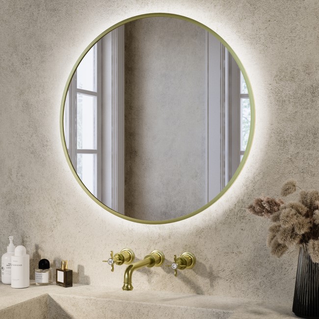 GRADE A1 - Round Brass Backlit Heated Bathroom Mirror with Lights 600mm – Orion