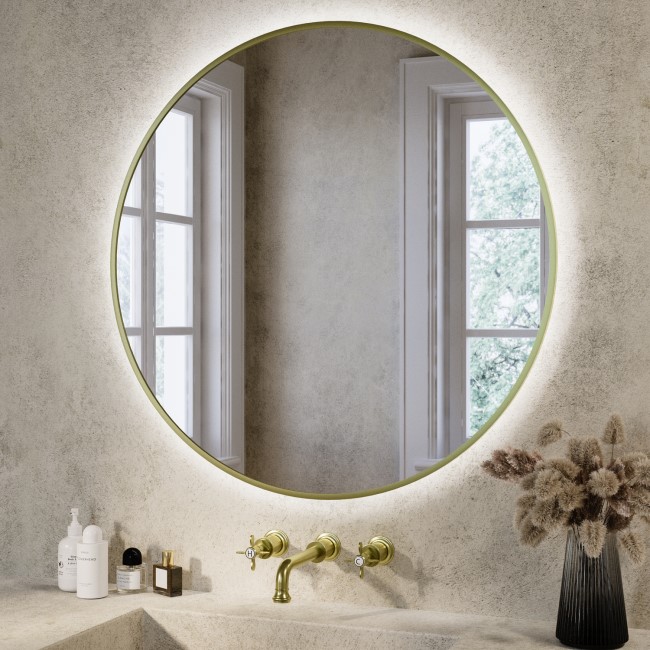 GRADE A1 - Round Brass Backlit Heated Bathroom Mirror with Lights 800mm – Orion