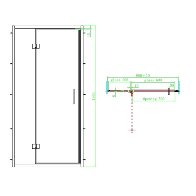 1000mm Brushed Brass Hinged Shower Door 8mm Glass - Pavo