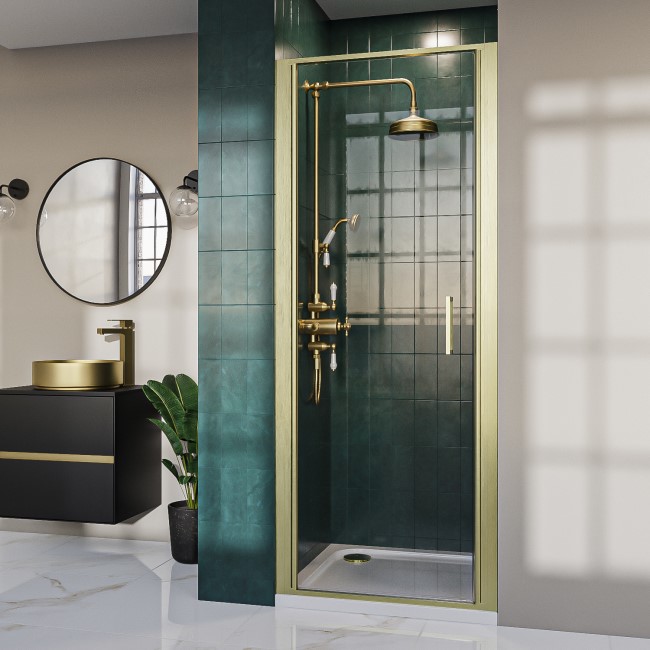 GRADE A1 - 800mm Brushed Brass Hinged Shower Door - Pavo