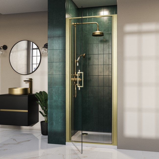 GRADE A1 - 800mm Brushed Brass Hinged Shower Door - Pavo