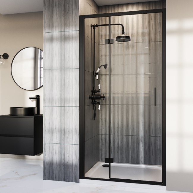 GRADE A1 - Black 1200mm Hinged Shower Door - Pavo