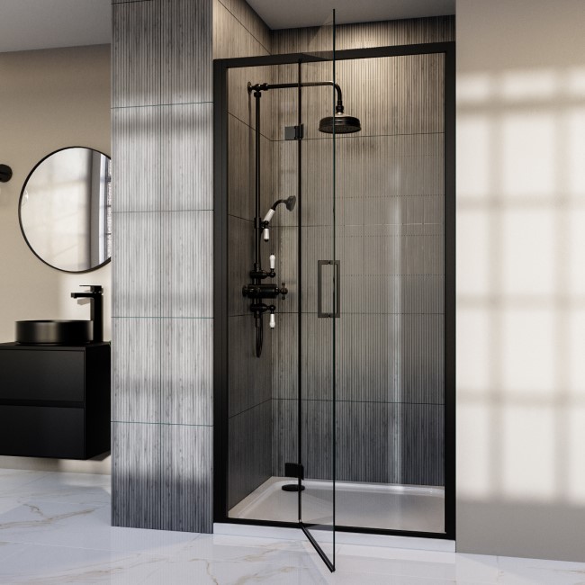 GRADE A1 - Black 1200mm Hinged Shower Door - Pavo