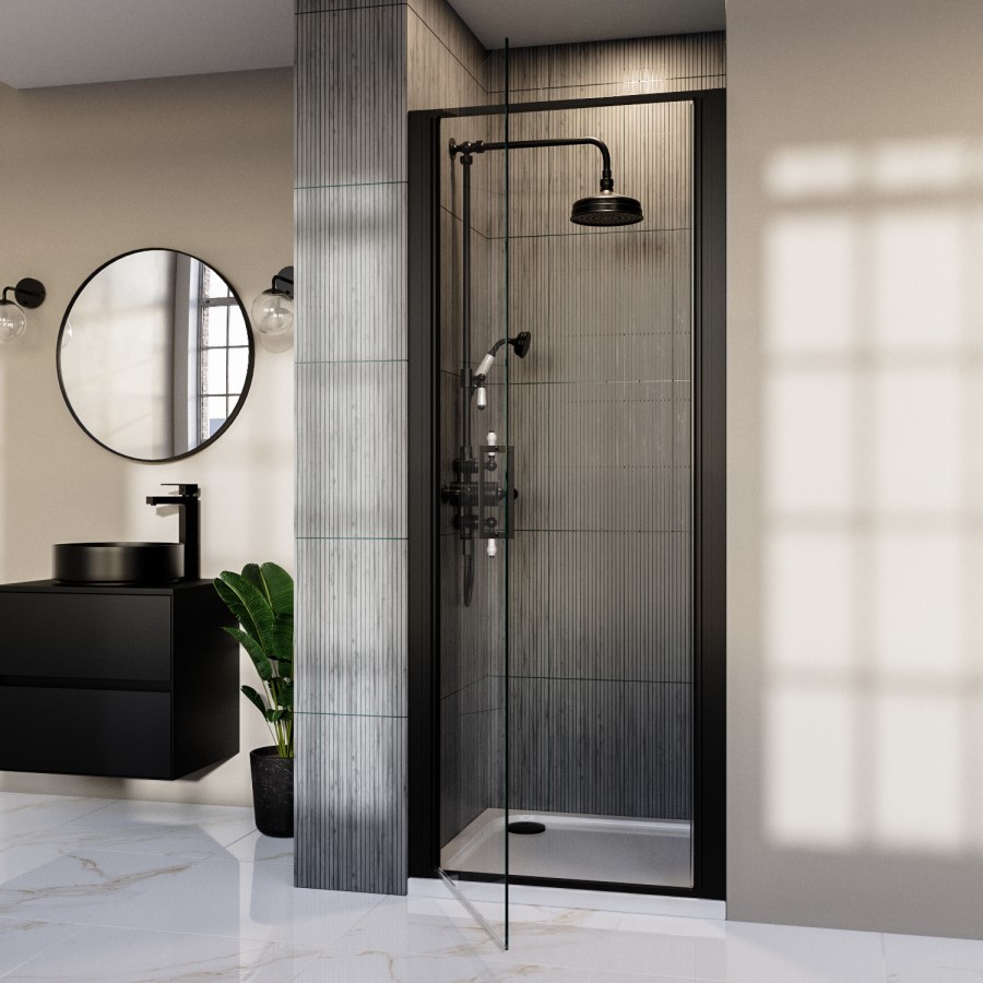 900mm Black Hinged Shower Door 8mm Glass - Pavo