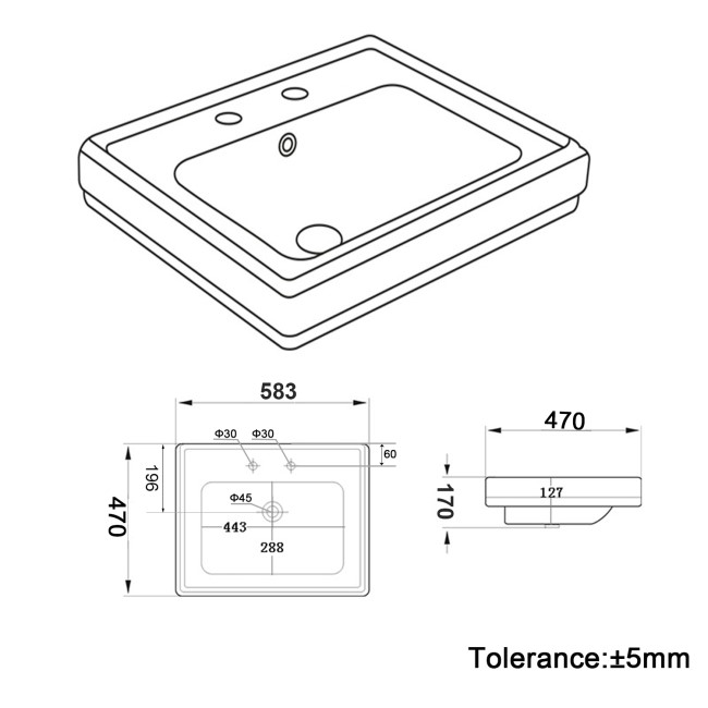 White Wall Hung Basin with 2 Tap Holes 583mm - Park Royal