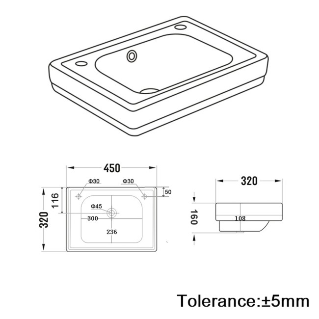 White Wall Hung Cloakroom Basin with 2 Tap Holes 450mm - Park Royal