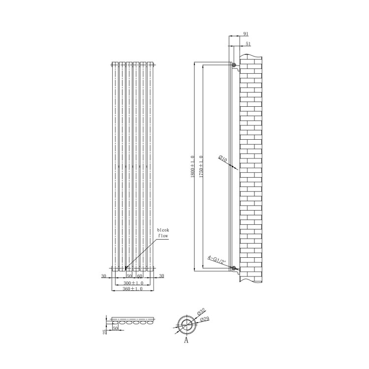 Chrome Vertical Tall Radiator - 1800 x 360mm