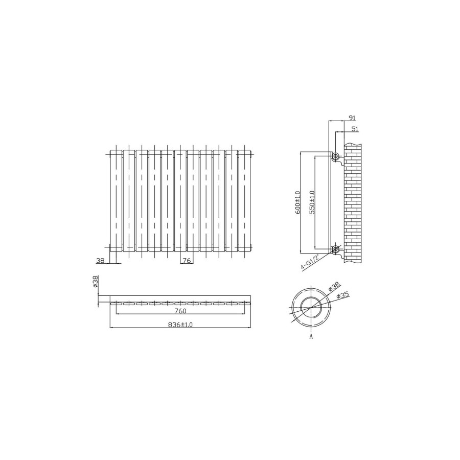 Horizontal Anthracite Grey Flat Panel Radiator - 600 x 836mm