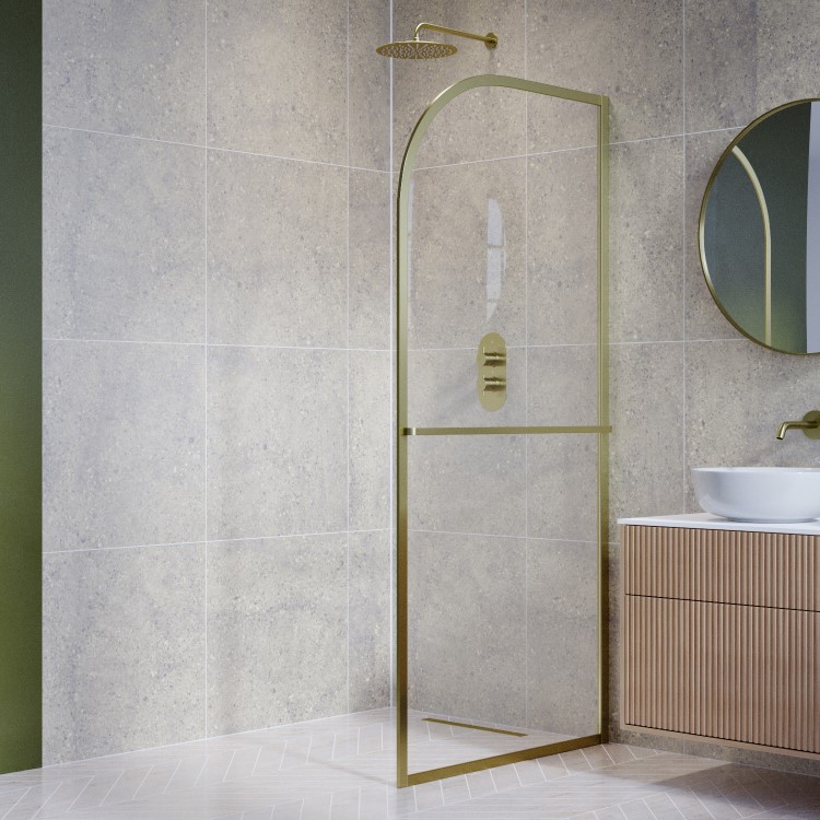 800mm Brushed Brass Curved Glass Shower Screen for Wetroom & Walk In Shower - Raya