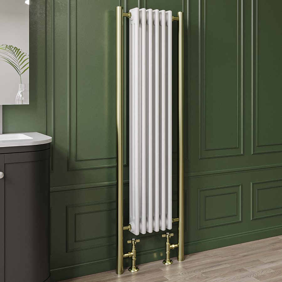 GRADE A1 - White and Brass Vertical Traditional Column Radiator 1600 x 480mm- Regent