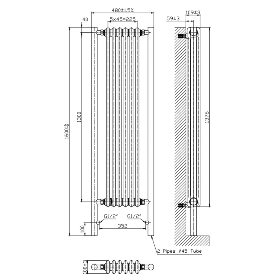 GRADE A1 - White and Brass Vertical Traditional Column Radiator 1600 x 480mm- Regent