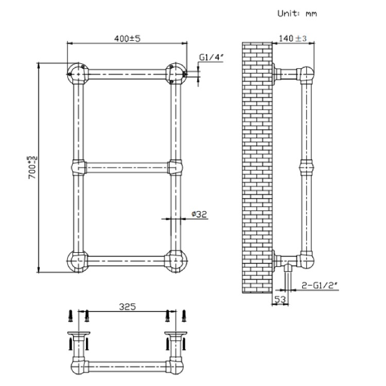 GRADE A2 - Brass Vertical Traditional Towel Radiator 700 x 400mm - Regent