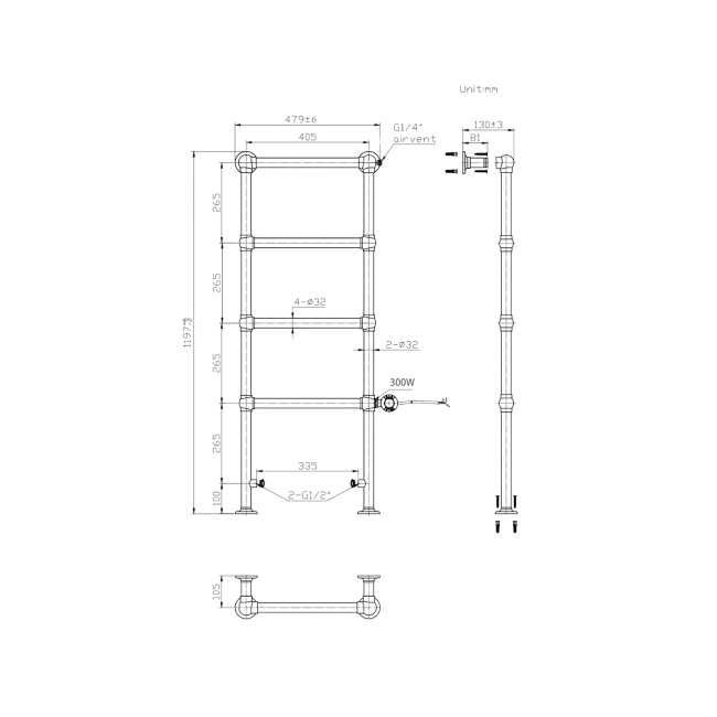 Brass Vertical Electric Towel Radiator 1200 x 479mm - Regent