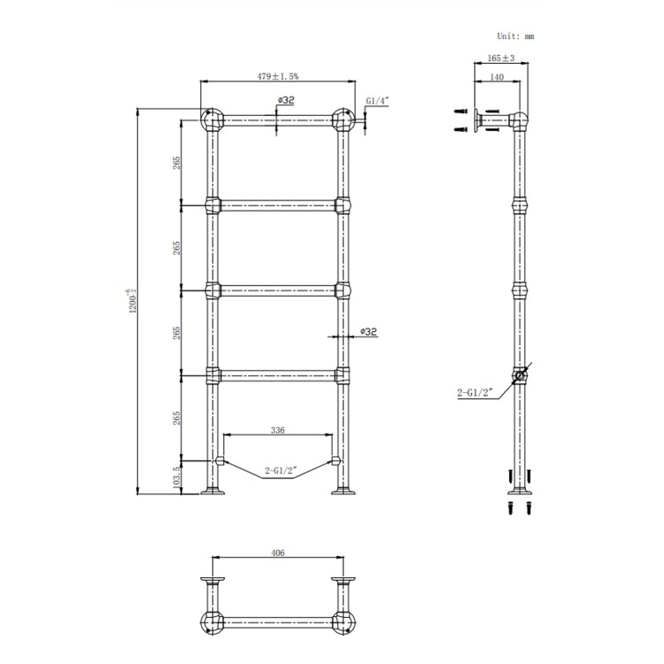 GRADE A2 - Black Vertical Traditional Towel Rail Radiator 1200 x 479mm - Regent