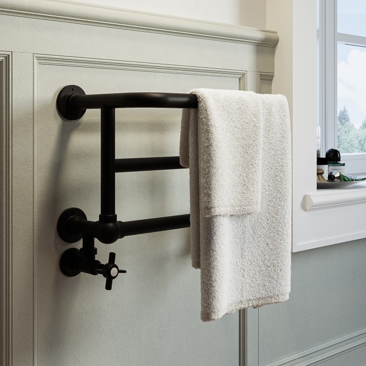 GRADE A1 - Black Traditional Heated Towel Shelf Radiator 350 x 550mm- Regent