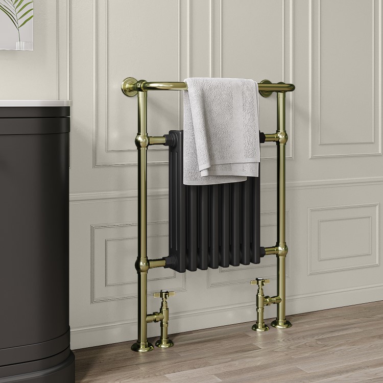 GRADE A1 - Black and Brass Traditional Column Radiator with Towel Rail 952 x 659mm - Regent