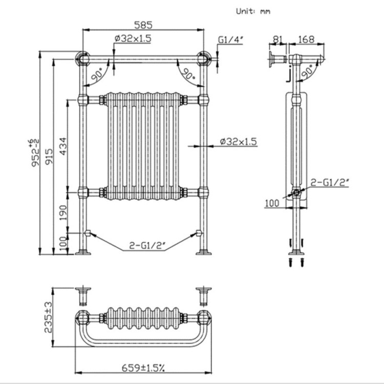 GRADE A1 - Black and Brass Traditional Column Radiator with Towel Rail 952 x 659mm - Regent