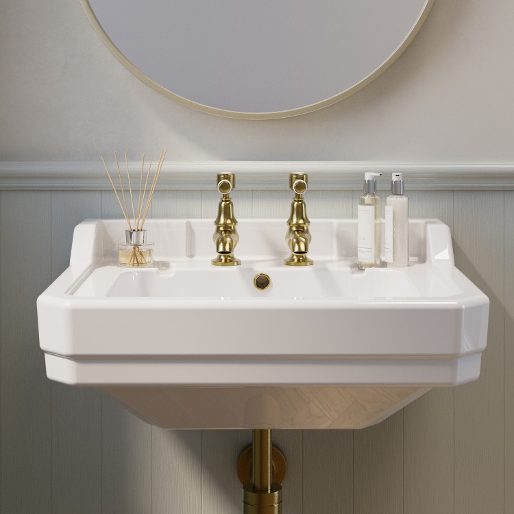 GRADE A1 - White Wall Hung Basin with 2 Tap Holes 570mm - Ripley