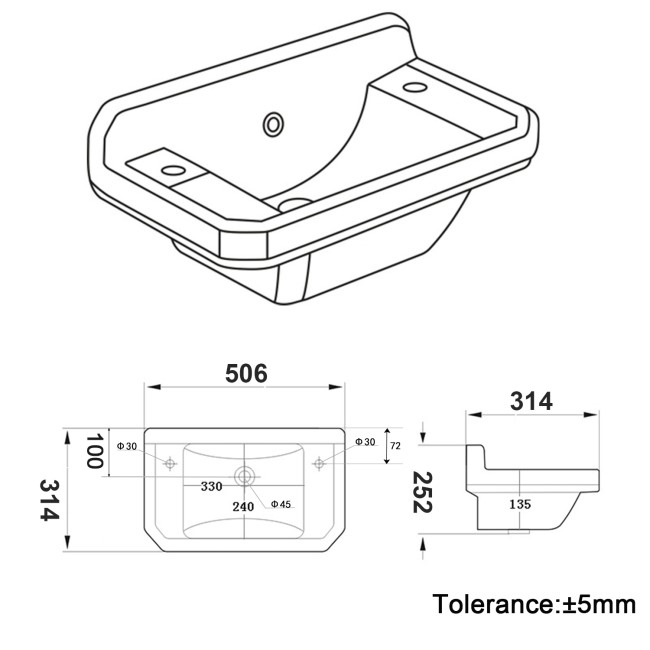 White Wall Hung Cloakroom Basin with 2 Tap Holes 506mm - Ripley