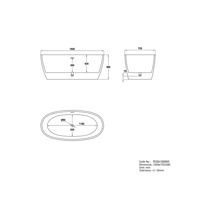 Matt White Freestanding Double Ended Bath 1500 x 725mm - Rosa