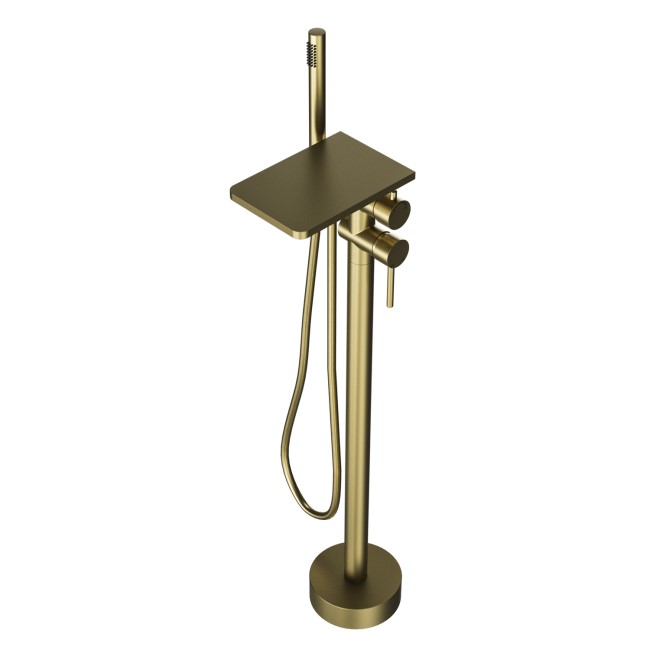 Brushed Brass Freestanding Bath Shower Mixer with Shelf - Savannah