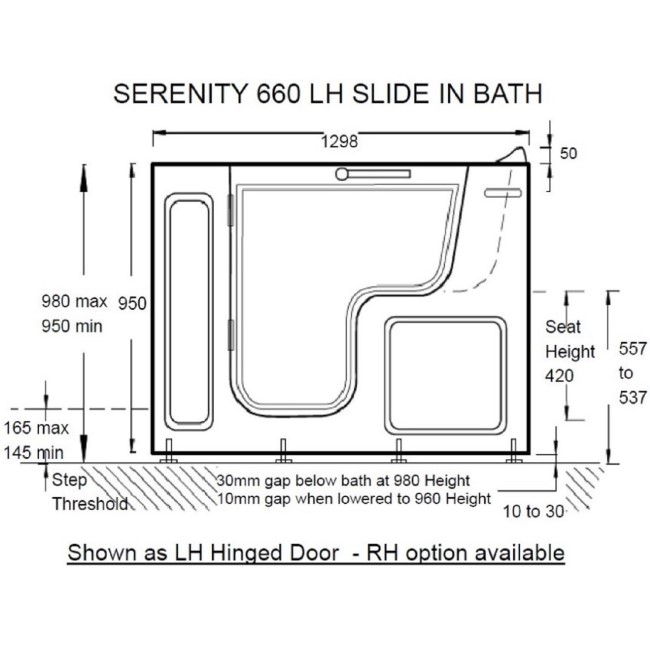 Left Hand Walk In Bath with Panel and Seat 1300 x 600mm - Serenity