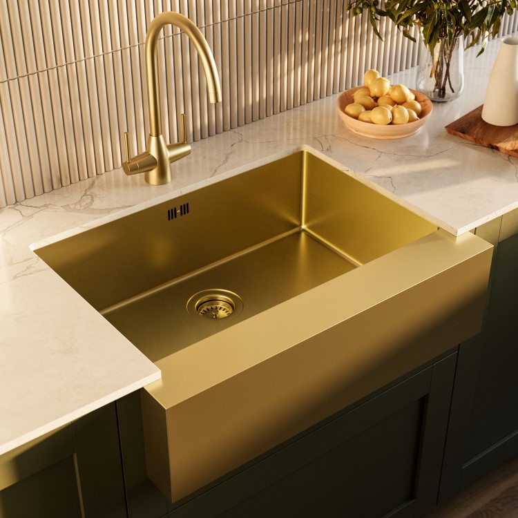 Single Bowl Belfast Brushed Brass Stainless Steel Kitchen Sink- Enza Tamara