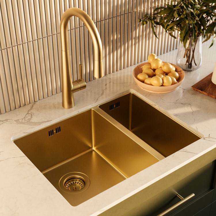 1.5 Bowl Brushed Brass Undermount Stainless Steel Kitchen Sink- Enza Tamara