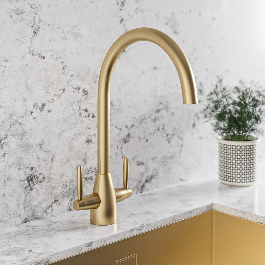 GRADE A2 - Brass Twin Lever Monobloc Kitchen Sink Mixer Tap - Enza Tamara