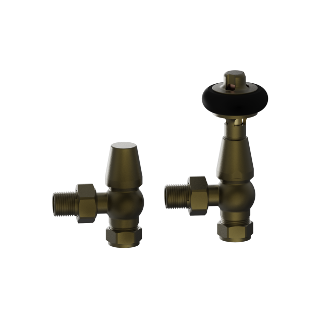 Maesta Antique Brass Traditional TRV Angled Thermostatic Radiator Valves With Lockshield