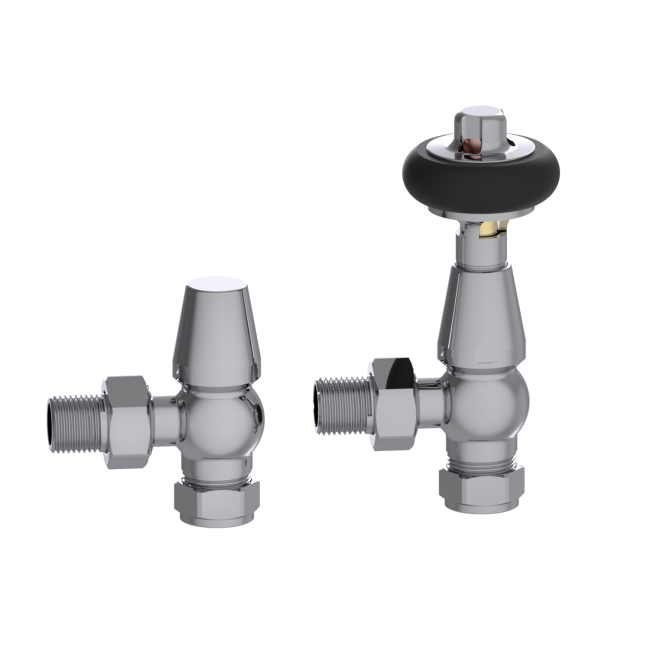 Maesta Chrome Traditional TRV Angled Thermostatic Radiator Valves With Lockshield