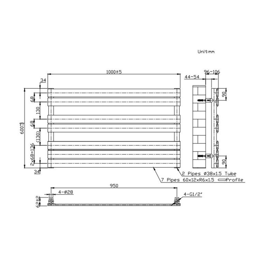 Brass Horizontal Towel Radiator 600 x 1000mm - Tundra