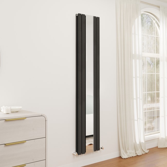 Specchio Midnight Black Vertical Flat Designer Radiator with Mirror 1800x385mm Double Panel 3541 BTU