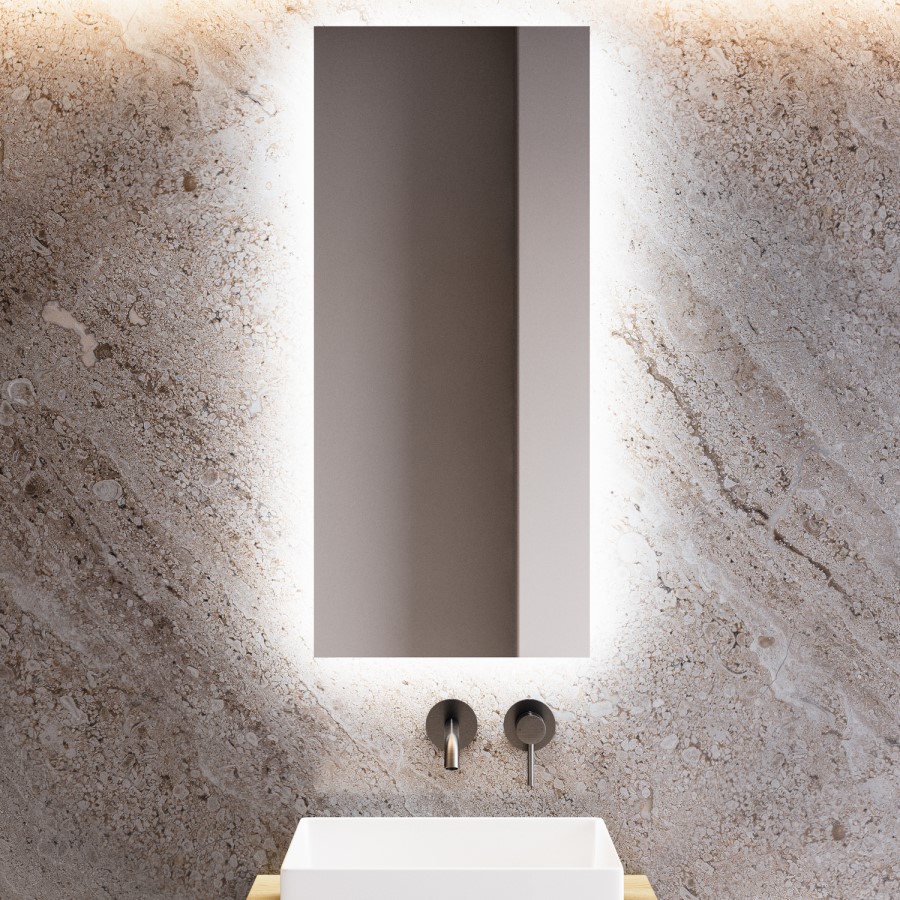 Rectangular Backlit Heated Bathroom Mirror with Lights – 900 x 420mm - Vela