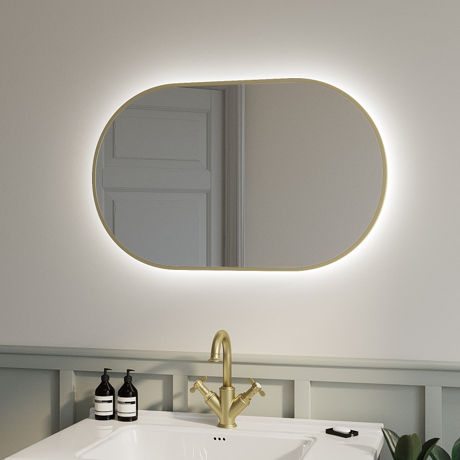 Oval Brass Backlit Heated Bathroom Mirror with Lights 500 x 800mm - Venus