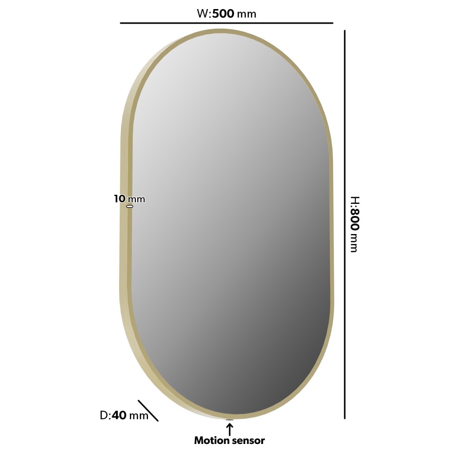 Oval Brass Backlit Heated Bathroom Mirror with Lights 500 x 800mm - Venus