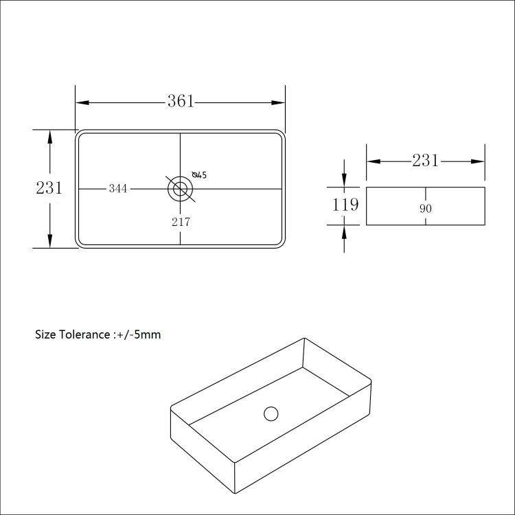 Gloss White Rectangular Countertop Basin 361mm - Vida