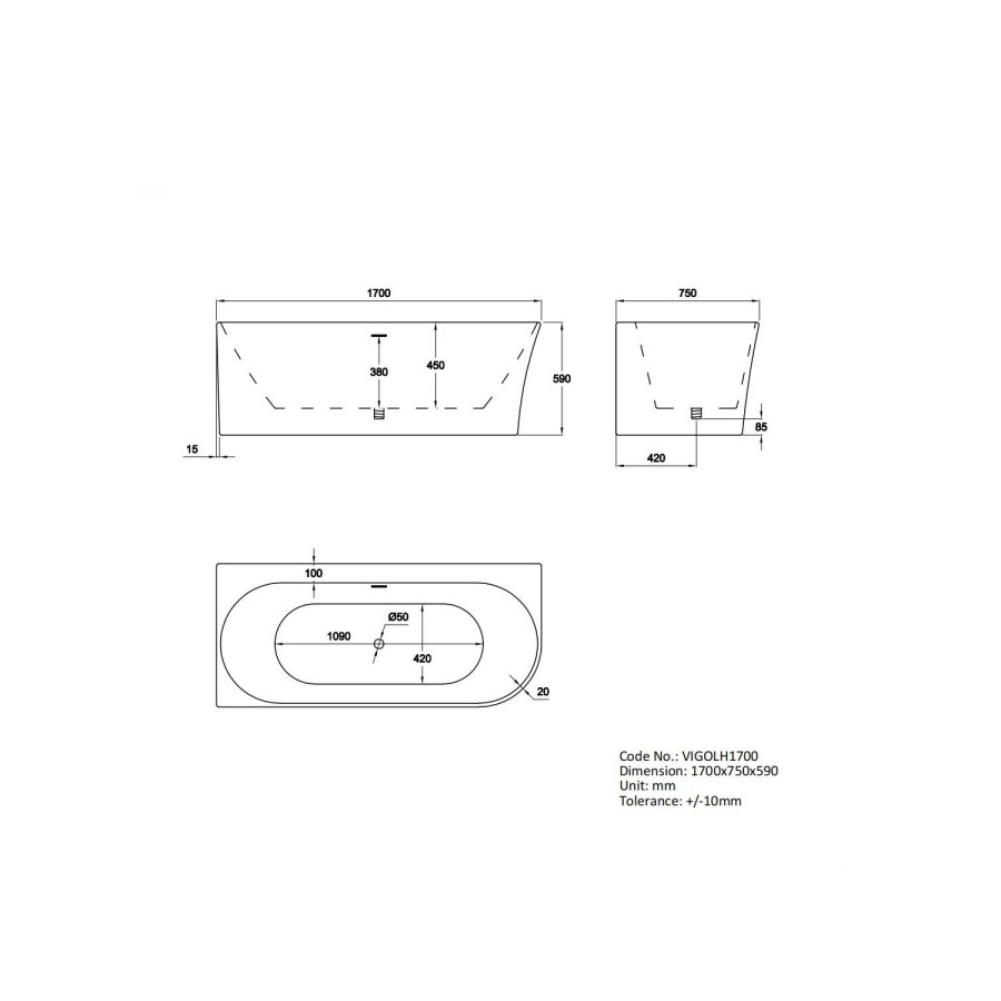 Freestanding Double Ended Left Hand Corner Bath 1700 x 750mm - Vigo