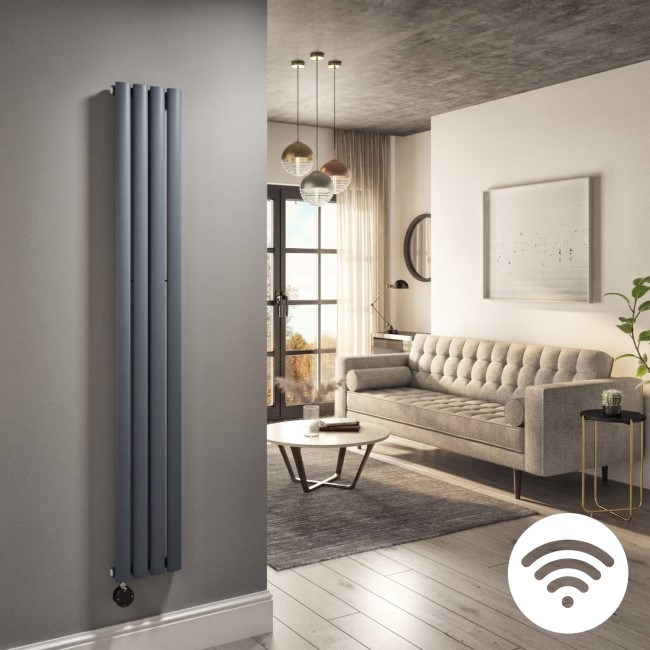 Anthracite Electric Vertical Designer Radiator 1kW with Wi-Fi Thermostat - H1600xW236mm - IPX4 Bathroom Safe