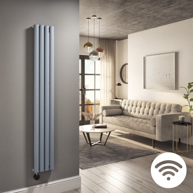 Light Grey Electric Vertical Designer Radiator 1kW with Wi-Fi Thermostat - H1600xW236mm - IPX4 Bathroom Safe