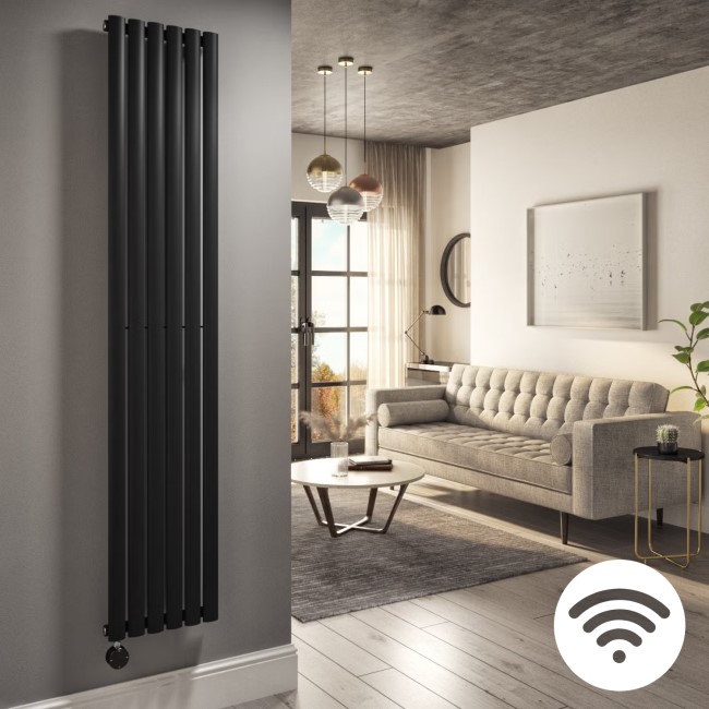 Midnight Black Electric Vertical Designer Radiator 2kW with Wi-Fi Thermostat - H1800xW354mm - IPX4 Bathroom Safe