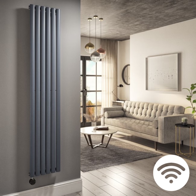 Anthracite Electric Vertical Designer Radiator 2kW with Wi-Fi Thermostat - H1800xW354mm - IPX4 Bathroom Safe