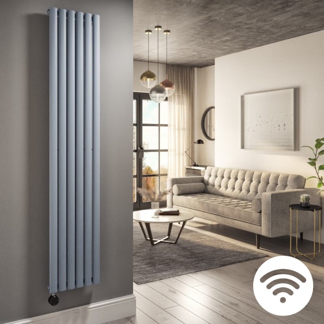 Light Grey Electric Vertical Designer Radiator 2kW with Wi-Fi Thermostat - H1800xW354mm - IPX4 Bathroom Safe