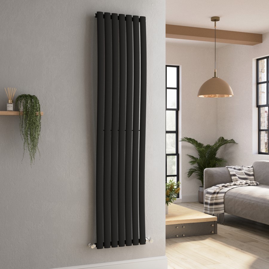 Onda Midnight Black Vertical Oval Waved  Designer Radiator 1800x413mm Single Panel 2926 BTU