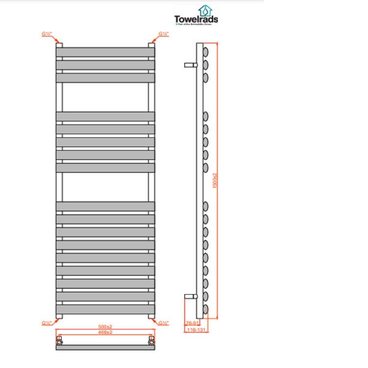 Towelrads Dorney Chrome Towel Radiator - 1500 x 500mm